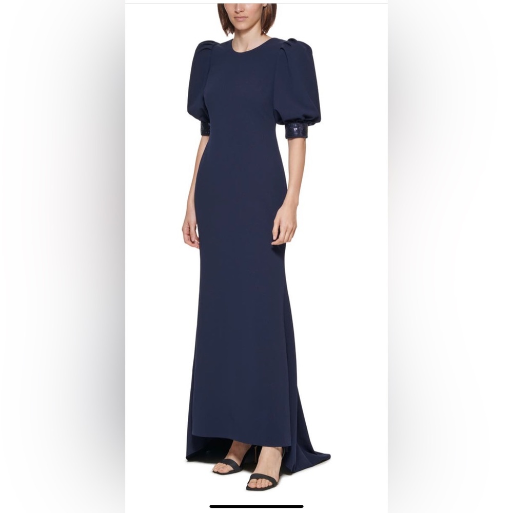 Calvin Klein Puff Sleeve Navy Gown